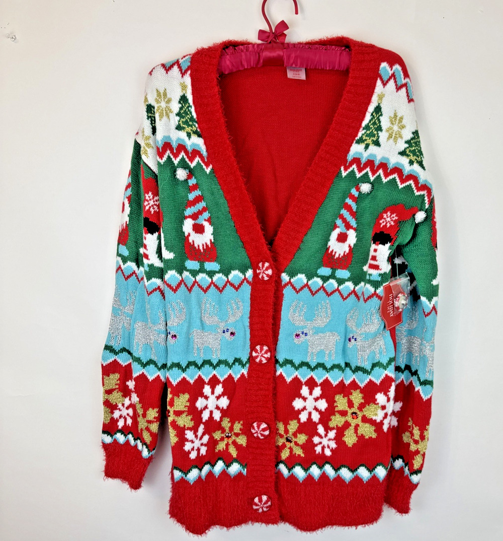 Holiday Time Womens Gnome Reindeer Ugly Christmas Sweater Red Green Small NWT